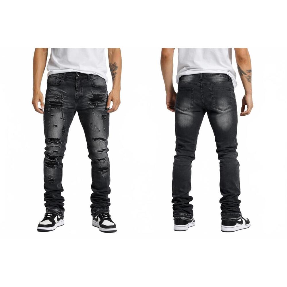 CJ Black Distressed Stacked Fit Cotton Denim Jeans - Streetwear - Men’s Size